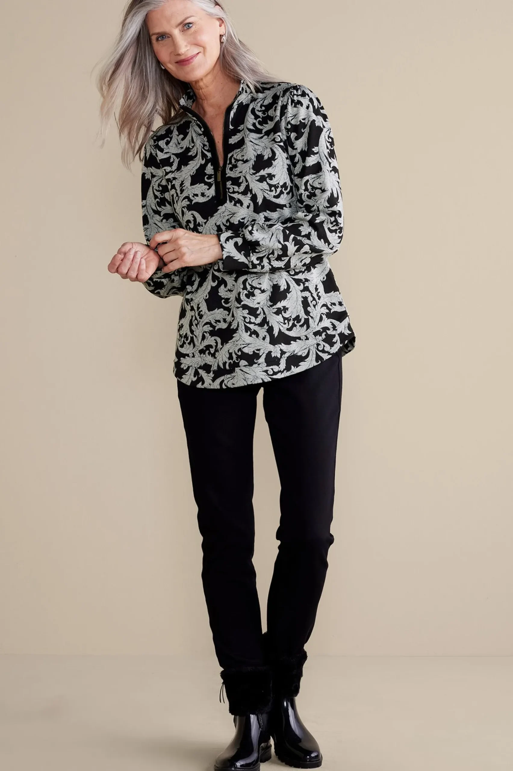 Feminine Flourish|long sleeve-Soft Surroundings Winona Pullover Neutral Scroll