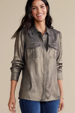 long sleeve|shirts-Soft Surroundings Zafina Shirt Metallic Gold Luster