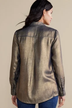 long sleeve|shirts-Soft Surroundings Zafina Shirt Metallic Gold Luster