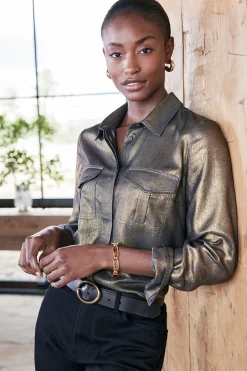 long sleeve|shirts-Soft Surroundings Zafina Shirt Metallic Gold Luster