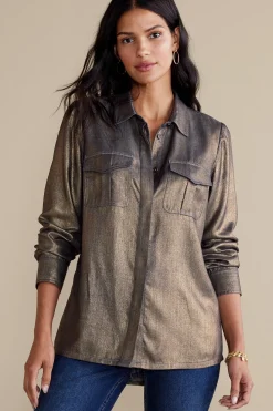 long sleeve|shirts-Soft Surroundings Zafina Shirt Metallic Gold Luster