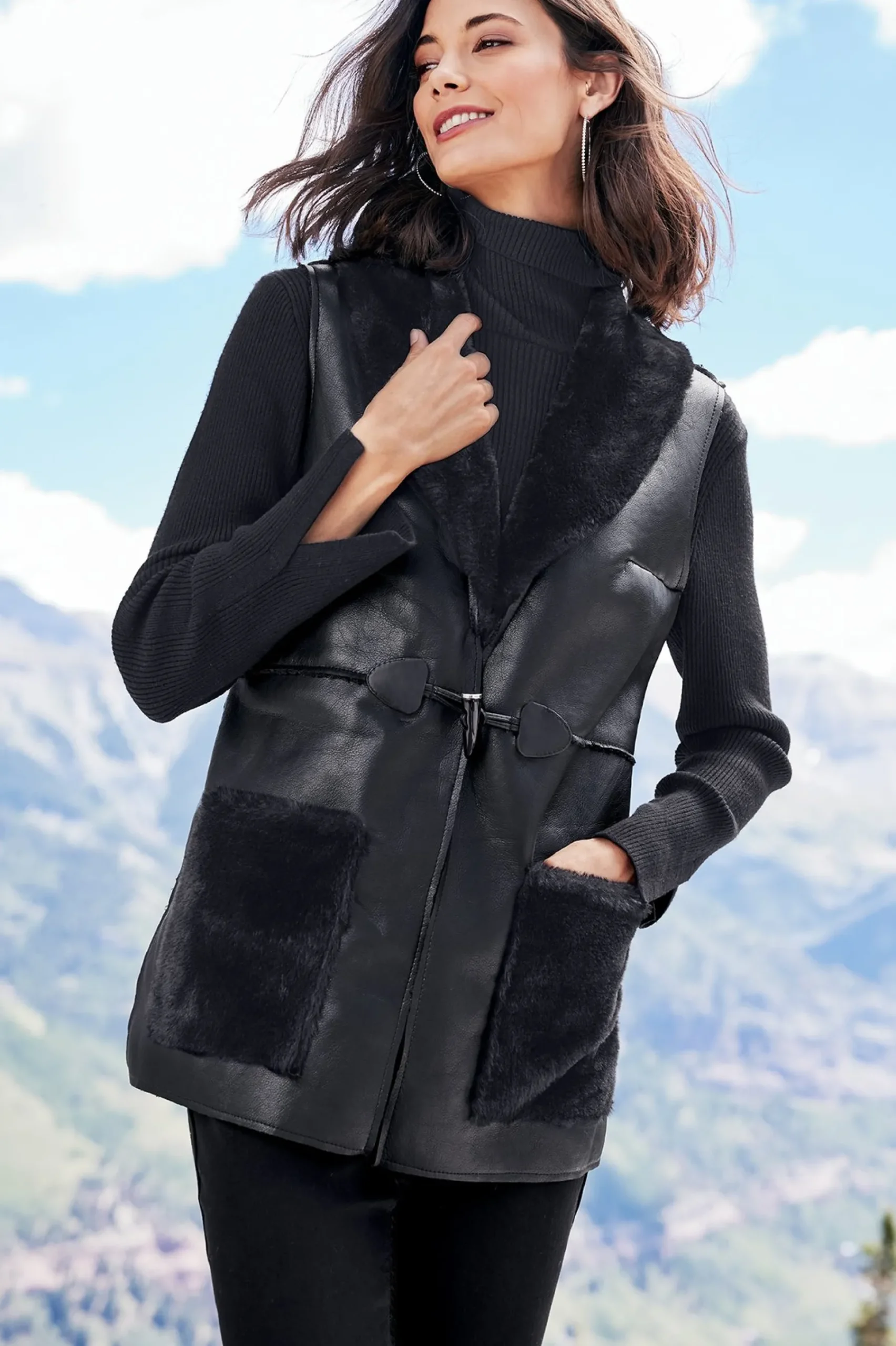 Jackets & Coats|vest-Soft Surroundings Zeva Faux Leather Shearling Vest Black