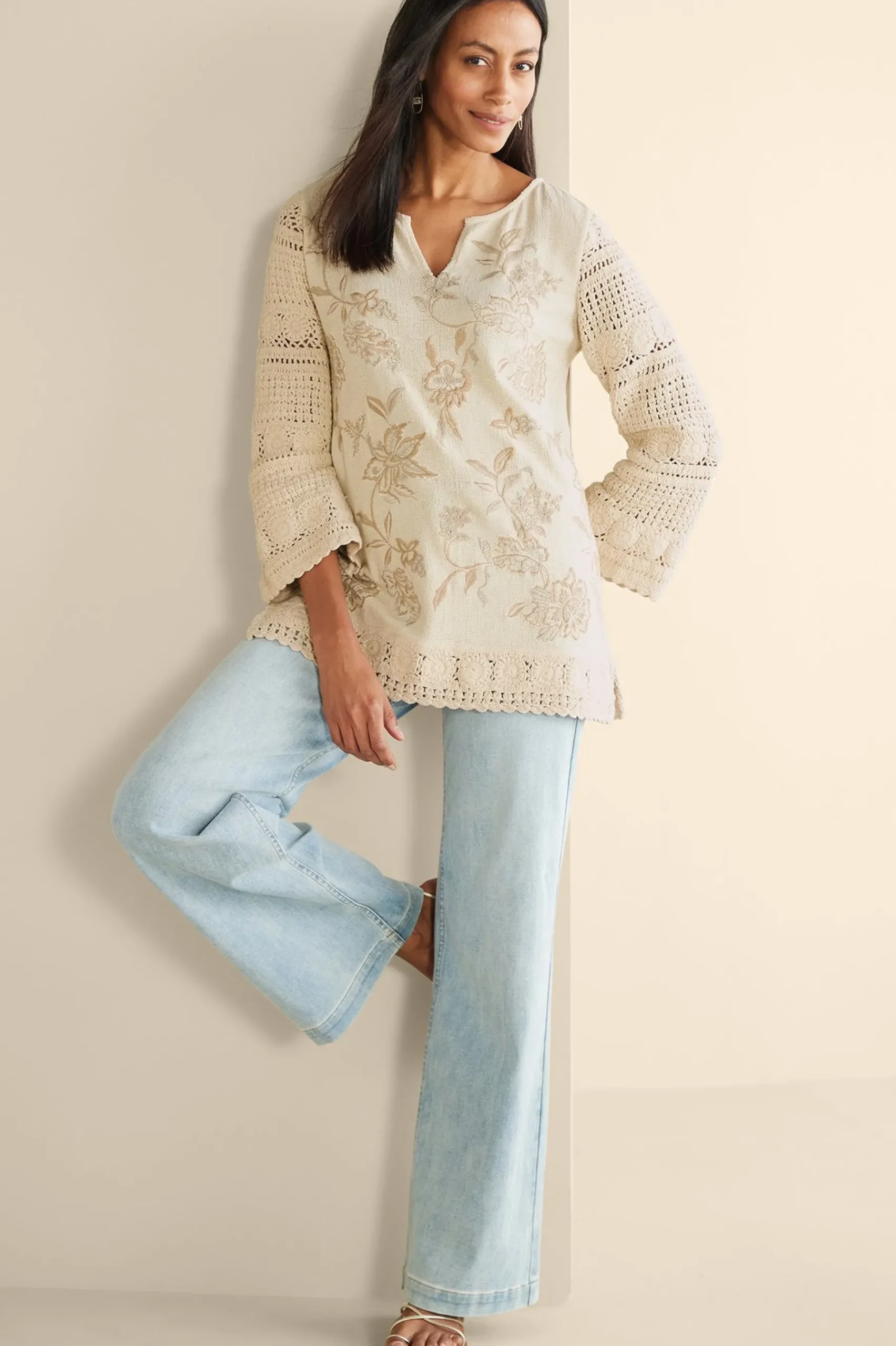 Feminine Flourish|Vacation Shop-Soft Surroundings Zina Crochet Sweater Tan Ecru