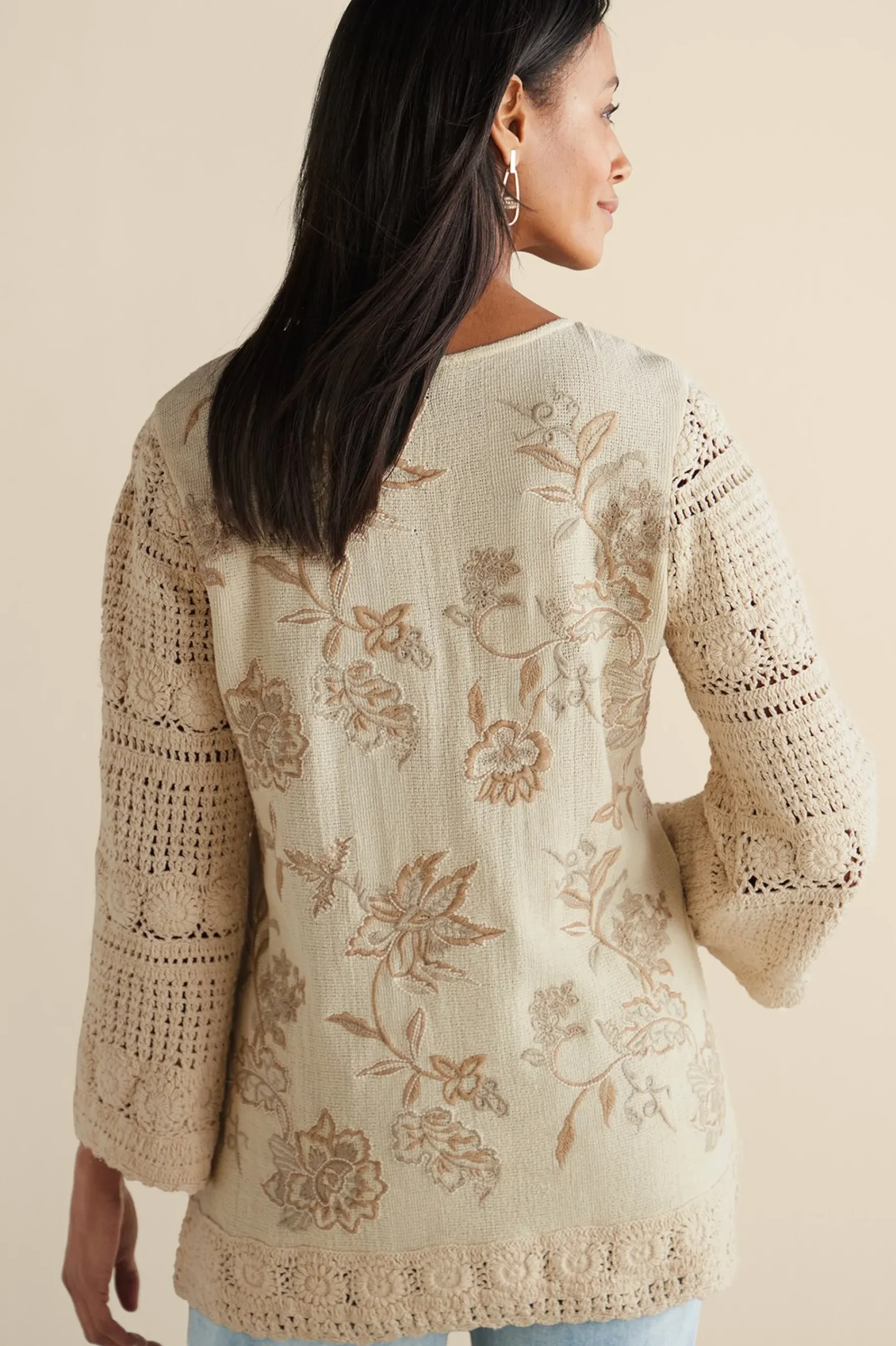 Feminine Flourish|Vacation Shop-Soft Surroundings Zina Crochet Sweater Tan Ecru