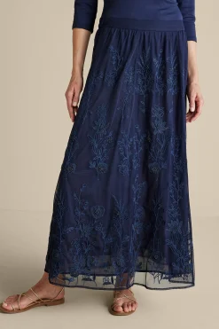 Feminine Flourish|Into The Blues-Soft Surroundings Zuri Embroidered Mesh Skirt Navy