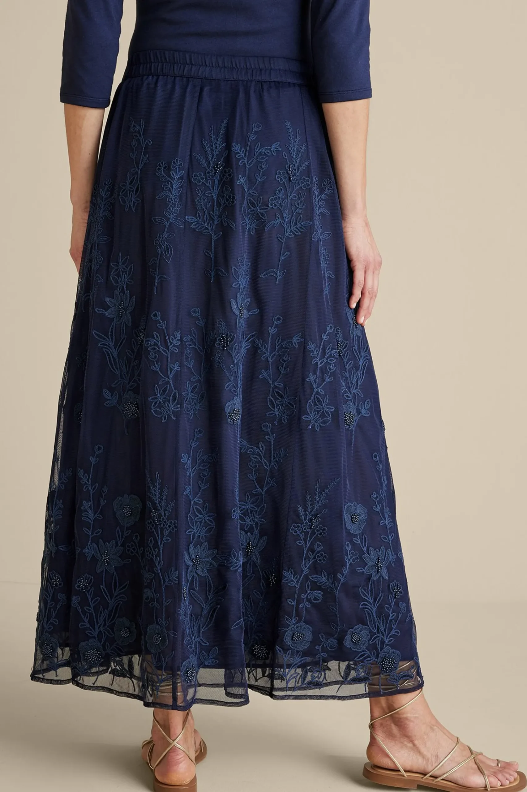 Feminine Flourish|Into The Blues-Soft Surroundings Zuri Embroidered Mesh Skirt Navy