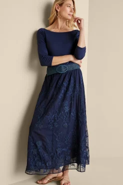 Feminine Flourish|Into The Blues-Soft Surroundings Zuri Embroidered Mesh Skirt Navy
